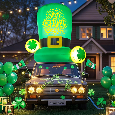 Boveco LED-lit leprechaun hat enhances night-time yard decor.