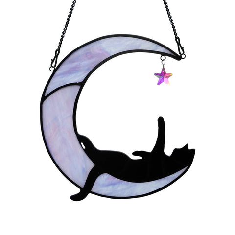 BOXCASA Black Cat Moon Suncatcher brightens windows with colorful crystals.