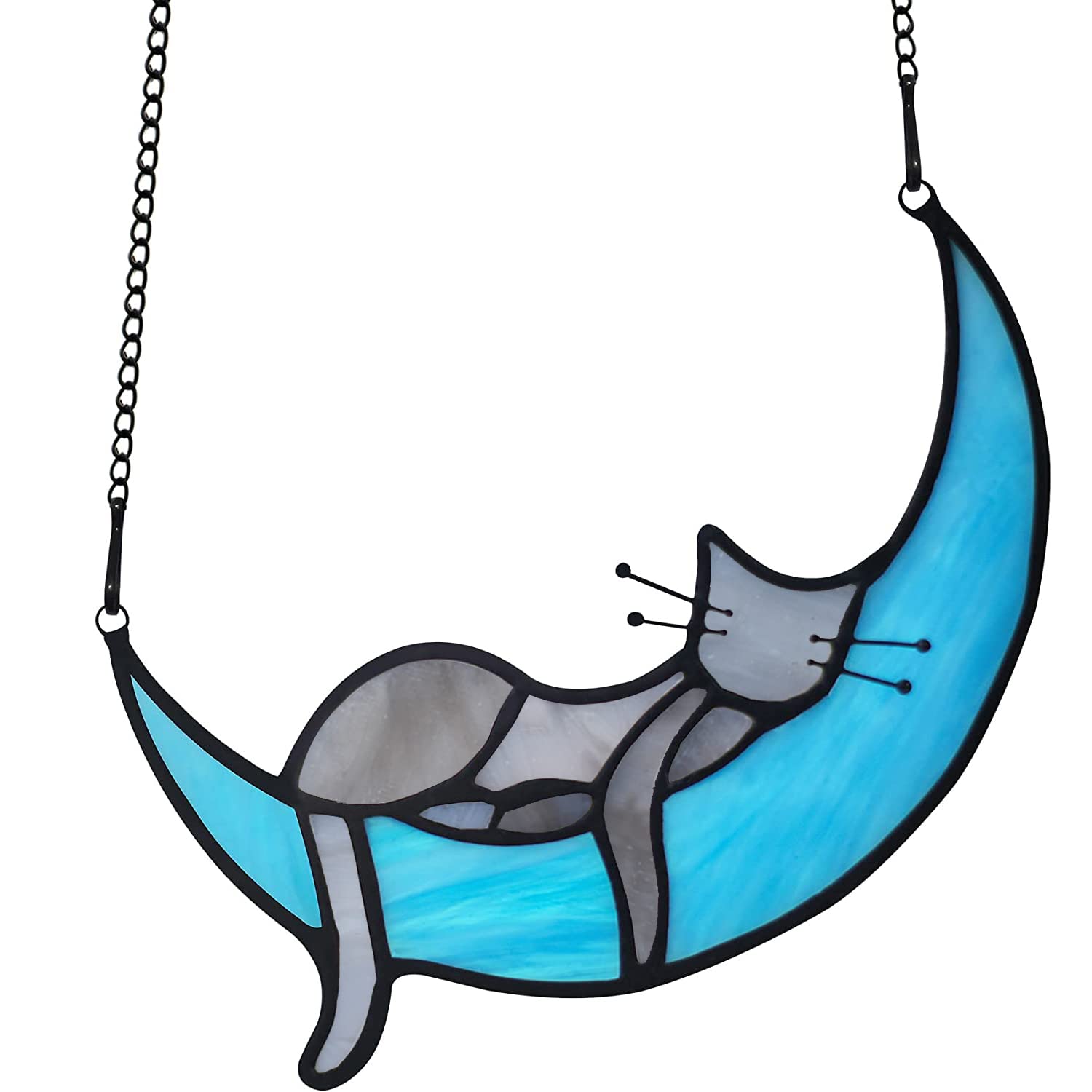 BOXCASA grey cat on moon stained glass suncatcher brightens windows with warm light