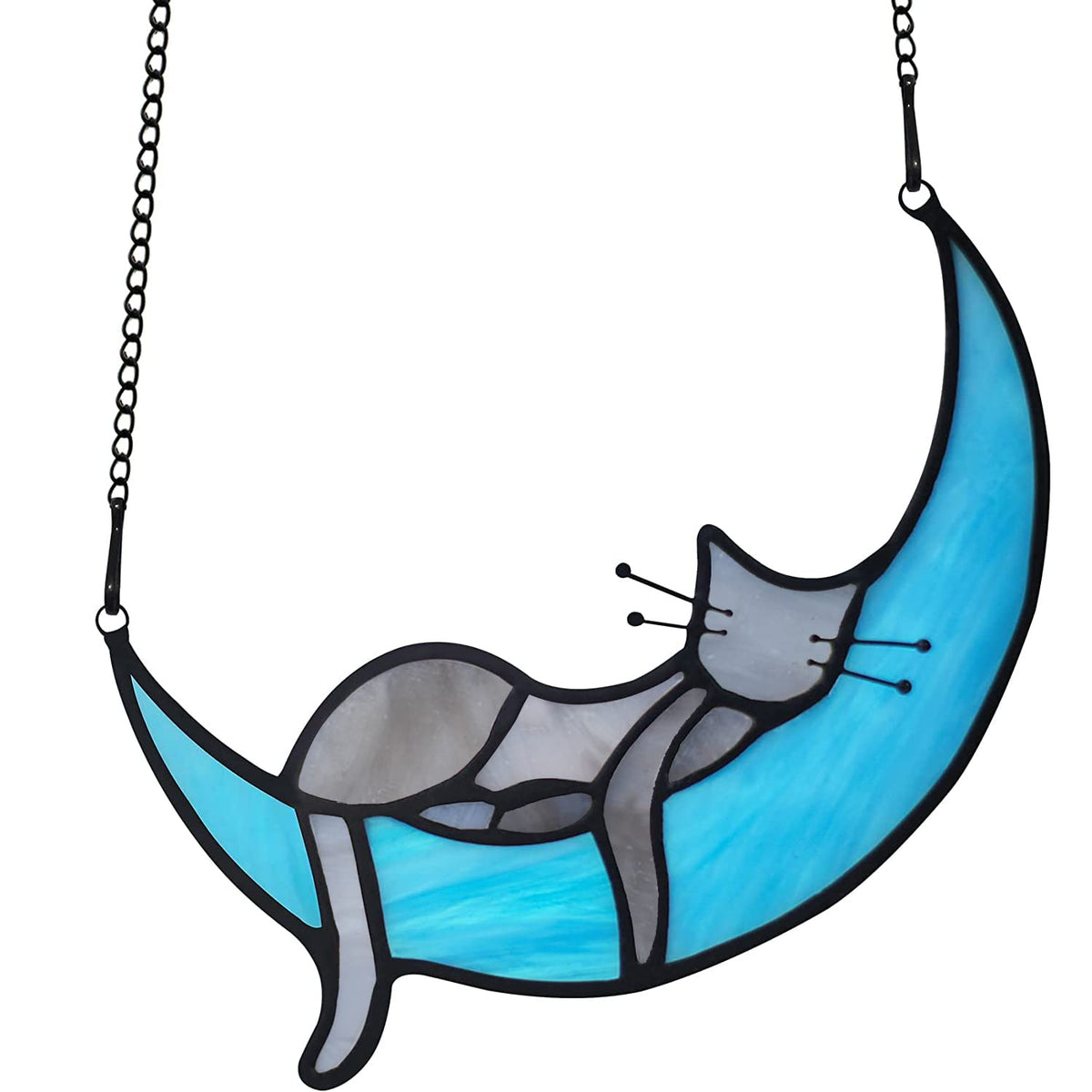 BOXCASA grey cat on moon stained glass suncatcher brightens windows with warm light