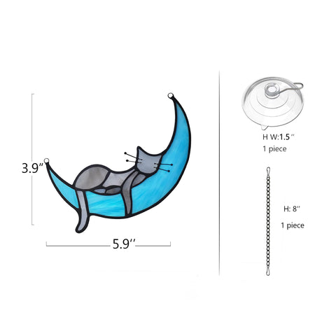 BOXCASA handcrafted stained glass cat on moon decor adds color to any window