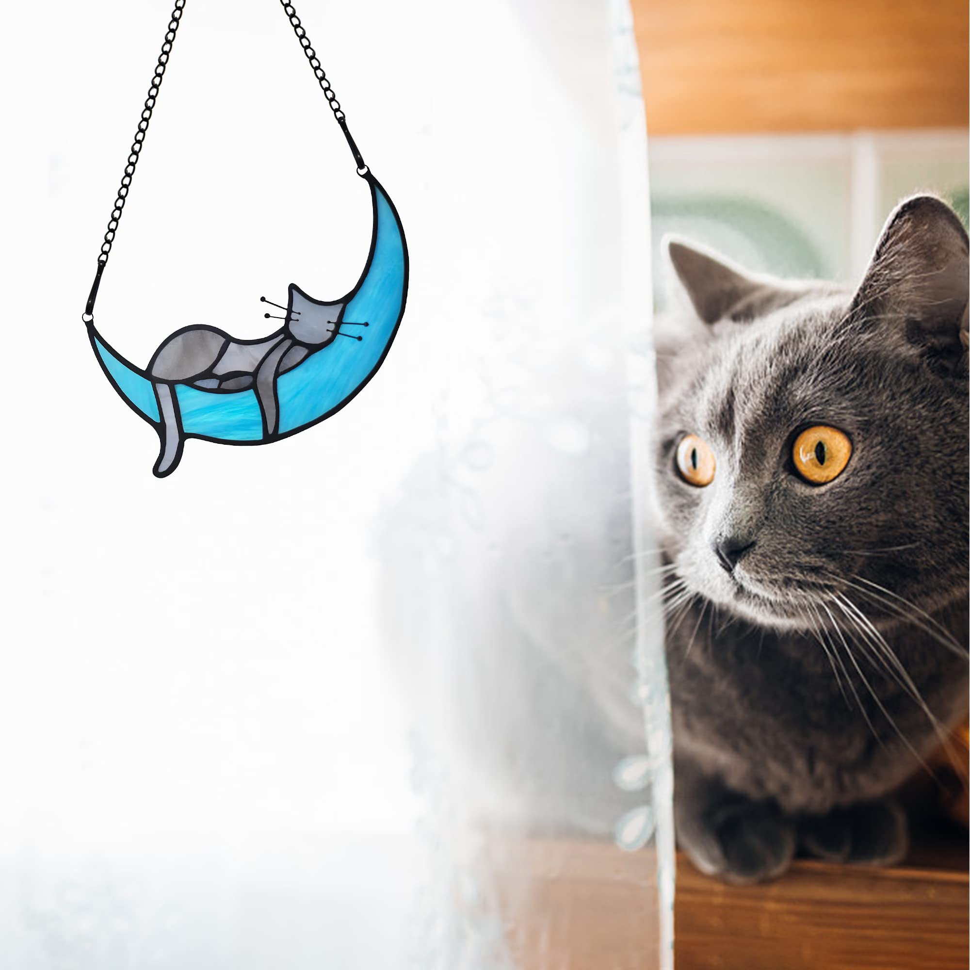 BOXCASA moonlit cat stained glass decor catches sunbeams for vibrant color