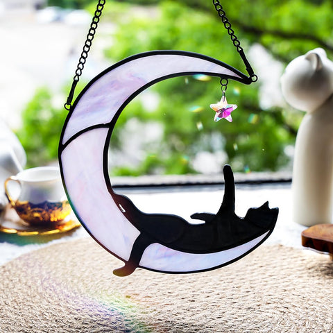 BOXCASA Stained-glass cat suncatcher adds moonlit whimsy to sunlit rooms.