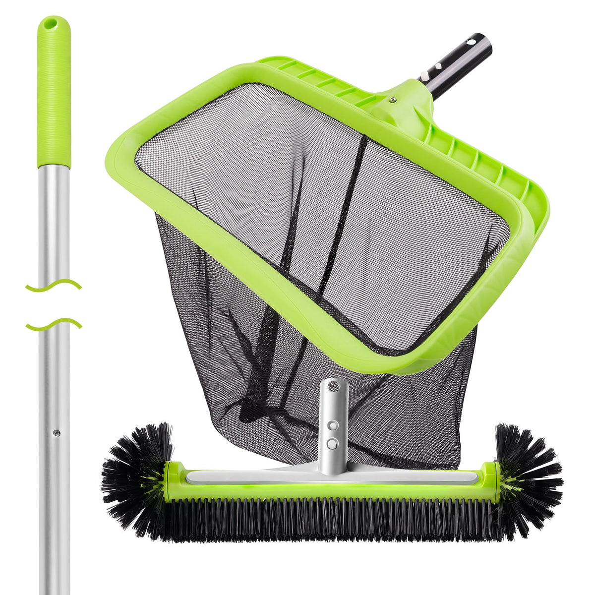 BoxedHome pool cleaning kit pole extended to 10.5 feet for hard-to-reach corners.
