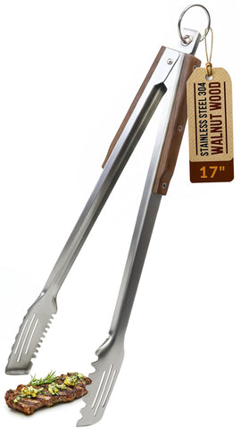 Boxiki Kitchen 17-inch grill tongs with walnut handle for safer grilling