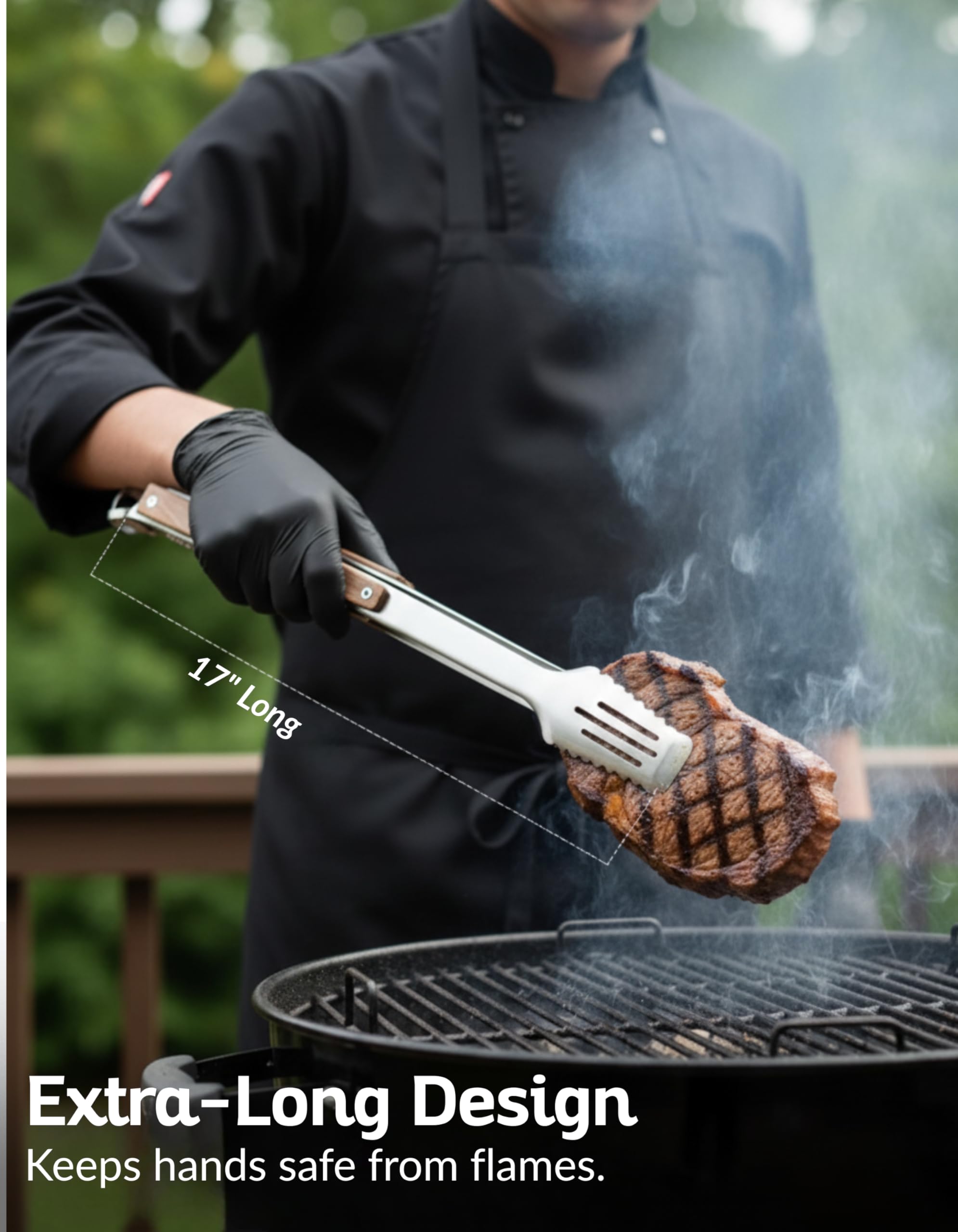 Boxiki Kitchen heavy-duty stainless steel tongs built for frequent backyard grilling