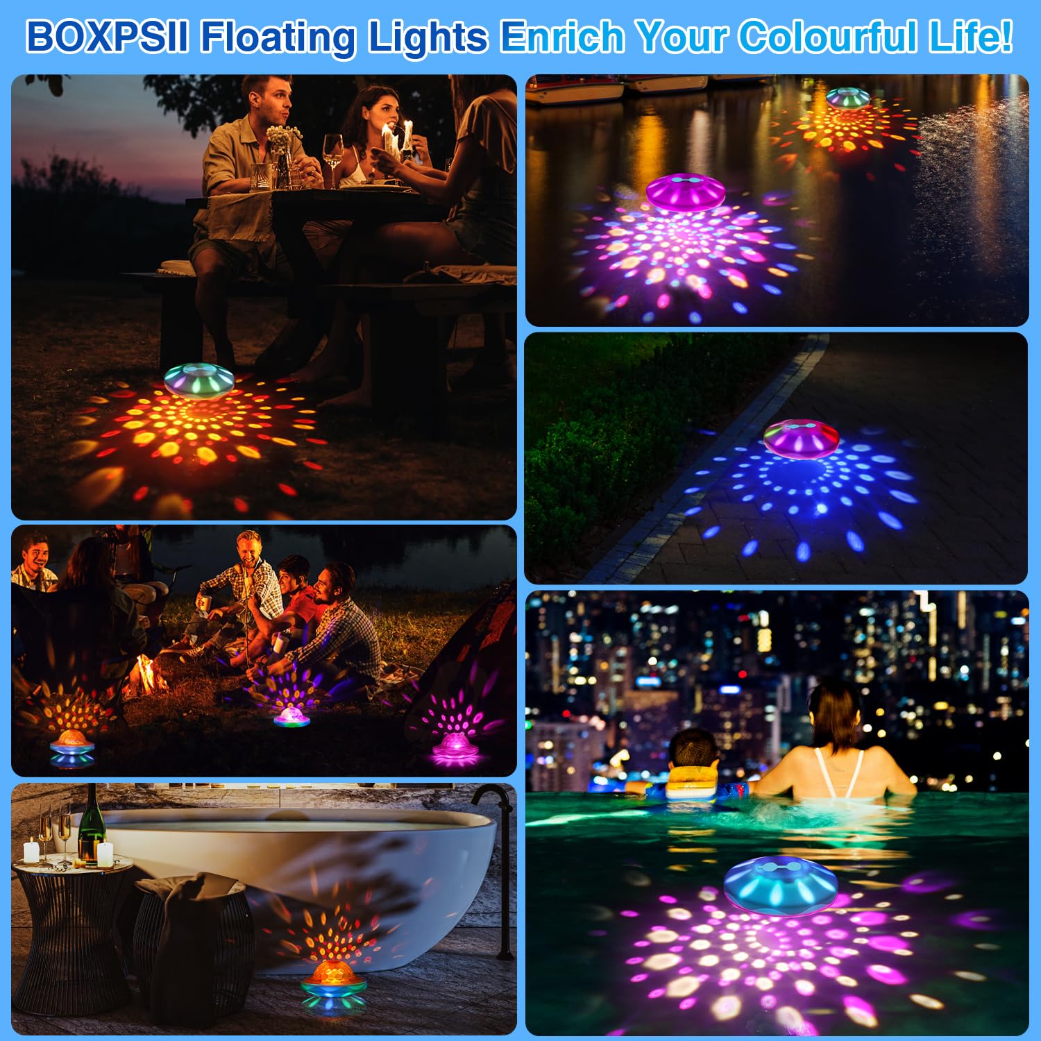 BOXPSII lights floating on surface to decorate pool or hot tub