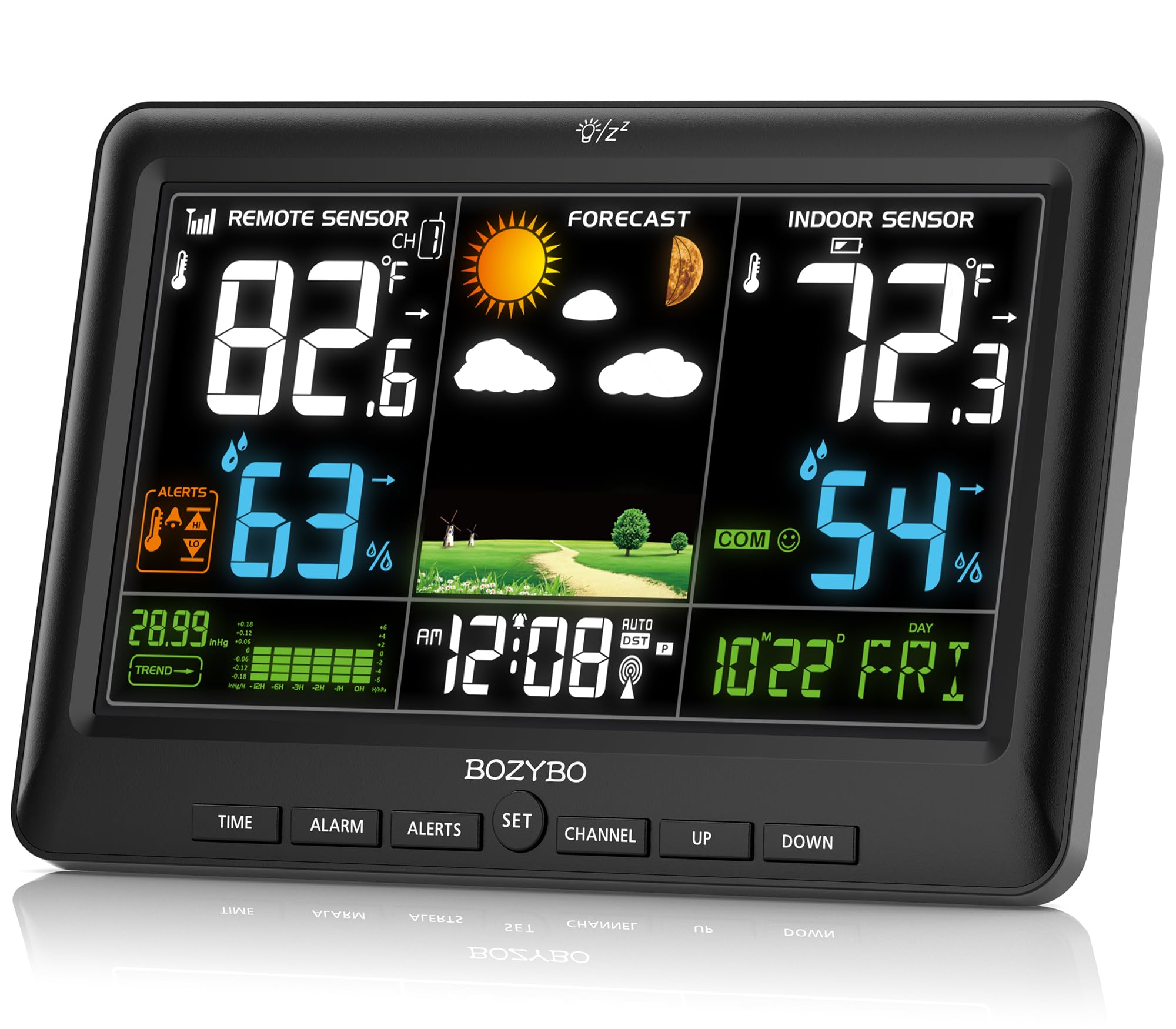 Bozybo Weather Station shows 9.1-inch color screen with clear, at-a-glance readings.