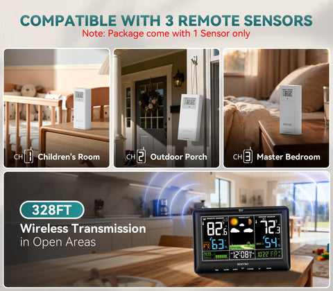 Bozybo Weather Station features an atomic clock with adjustable backlight for easy viewing day or night.
