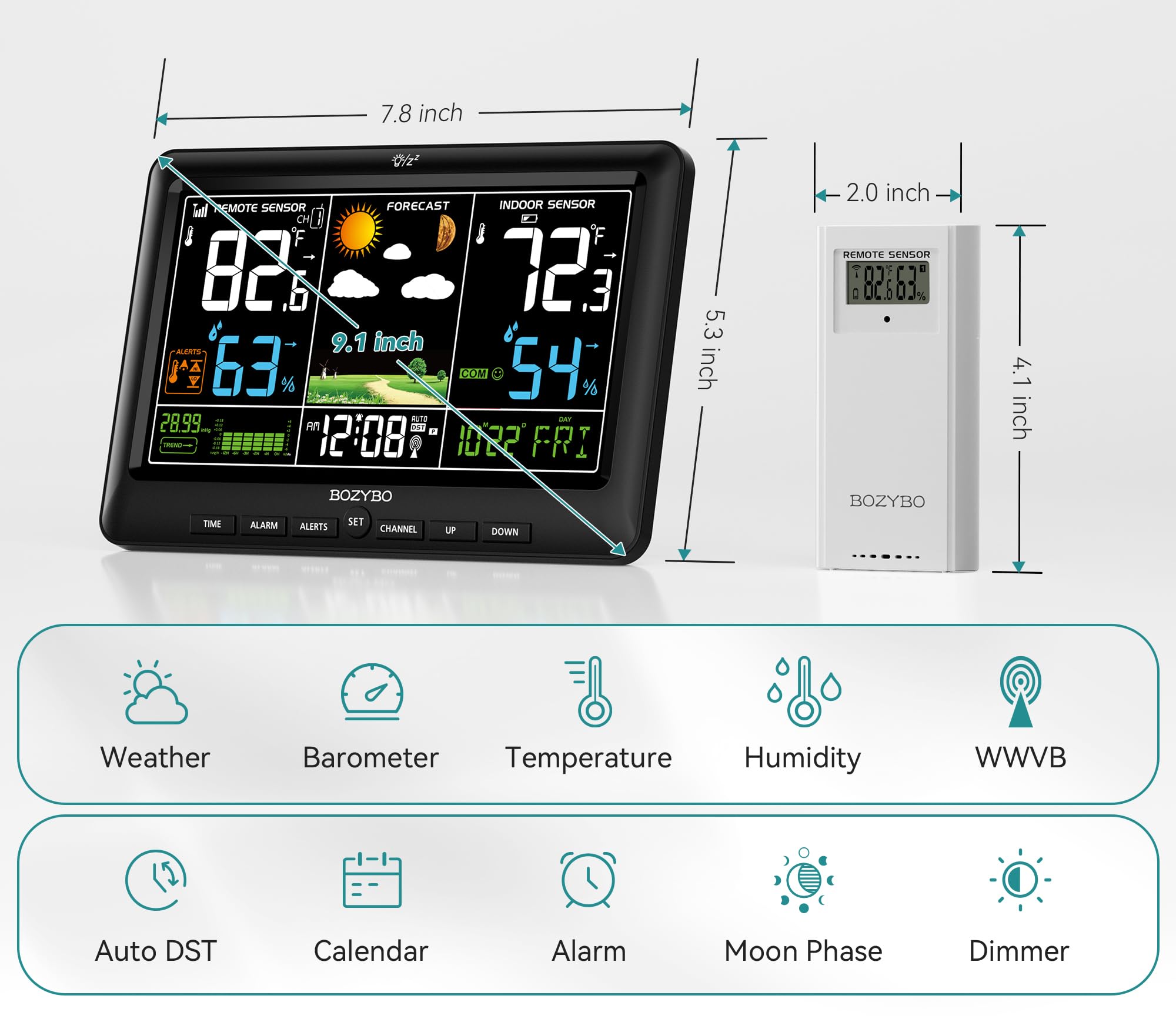 Bozybo Weather Station calendar and moon phase display supports daily planning.