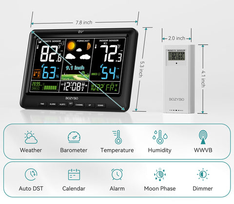Bozybo Weather Station calendar and moon phase display supports daily planning.