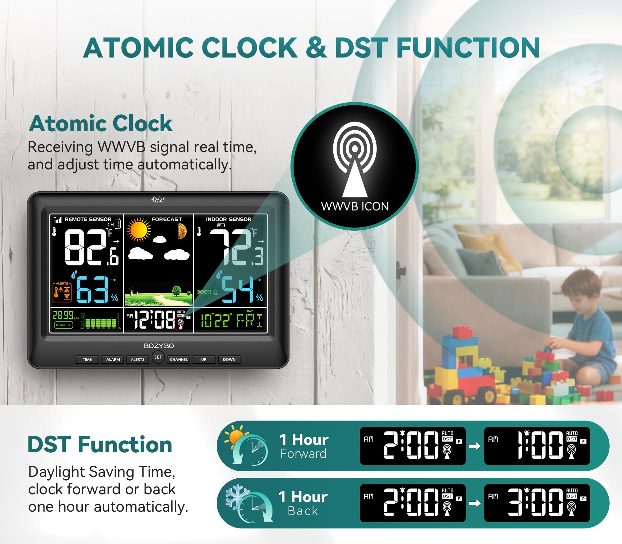Bozybo Weather Station displays indoor and outdoor temperature and humidity for precise climate awareness.