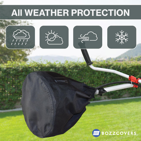 Bozzcovers trimmer cover closeup shows durable 600D Oxford material for outdoor use.