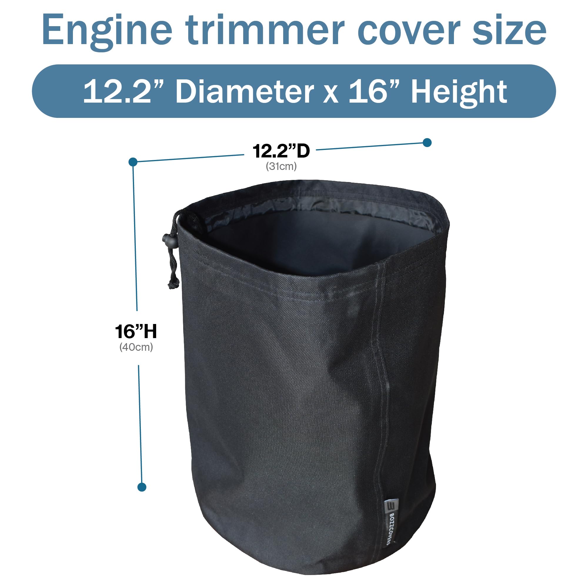 Bozzcovers universal-fit trimmer cover closeup demonstrates broad compatibility with major brands.