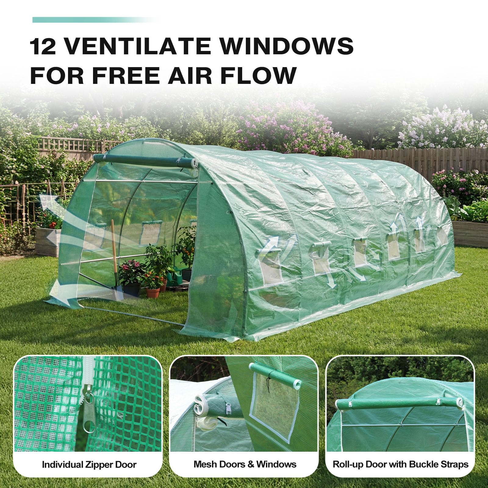 Internal straps and weighted edges secure the cover in wind.