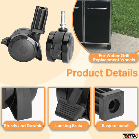 BQMAX 70360 caster wheels with inserts show precise replacement dimensions.