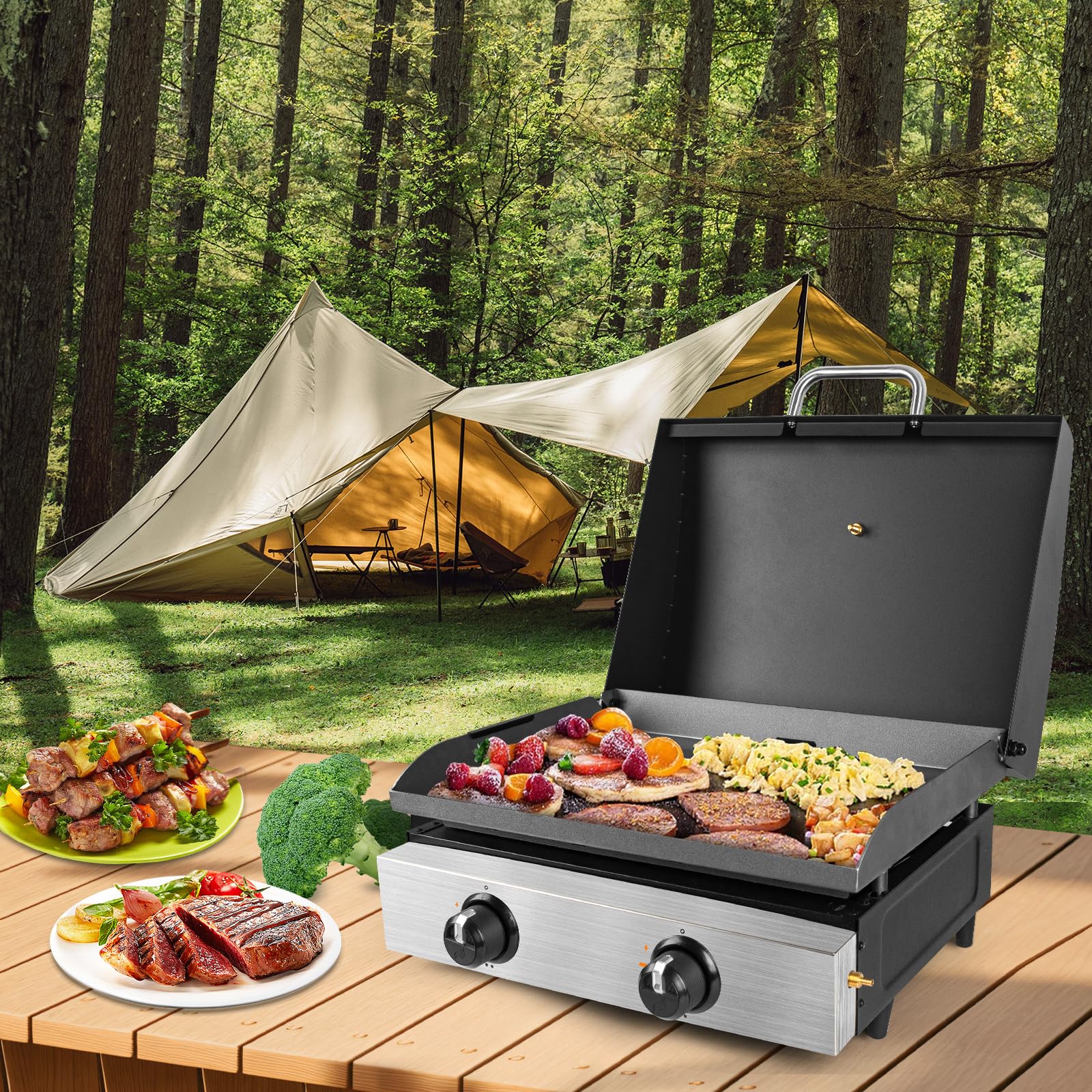 Backyard grilling scene with BQMAX lid on Blackstone 22 inch griddle