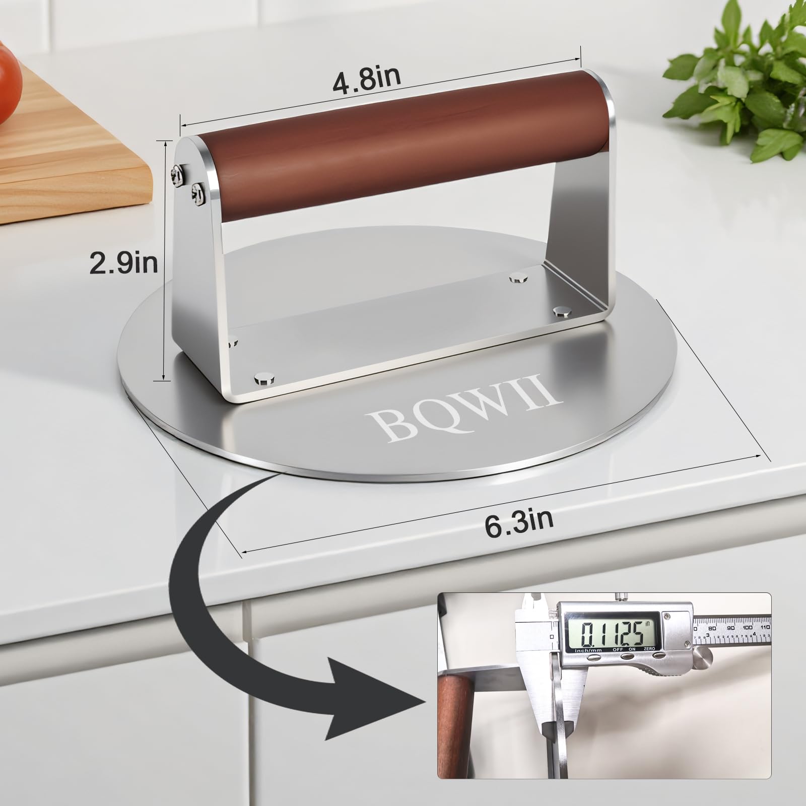 BQWII burger press with wood handle offering a comfortable grip during pressing