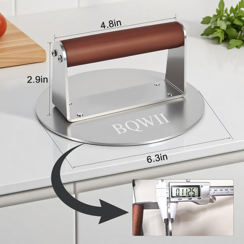 BQWII burger press with wood handle offering a comfortable grip during pressing
