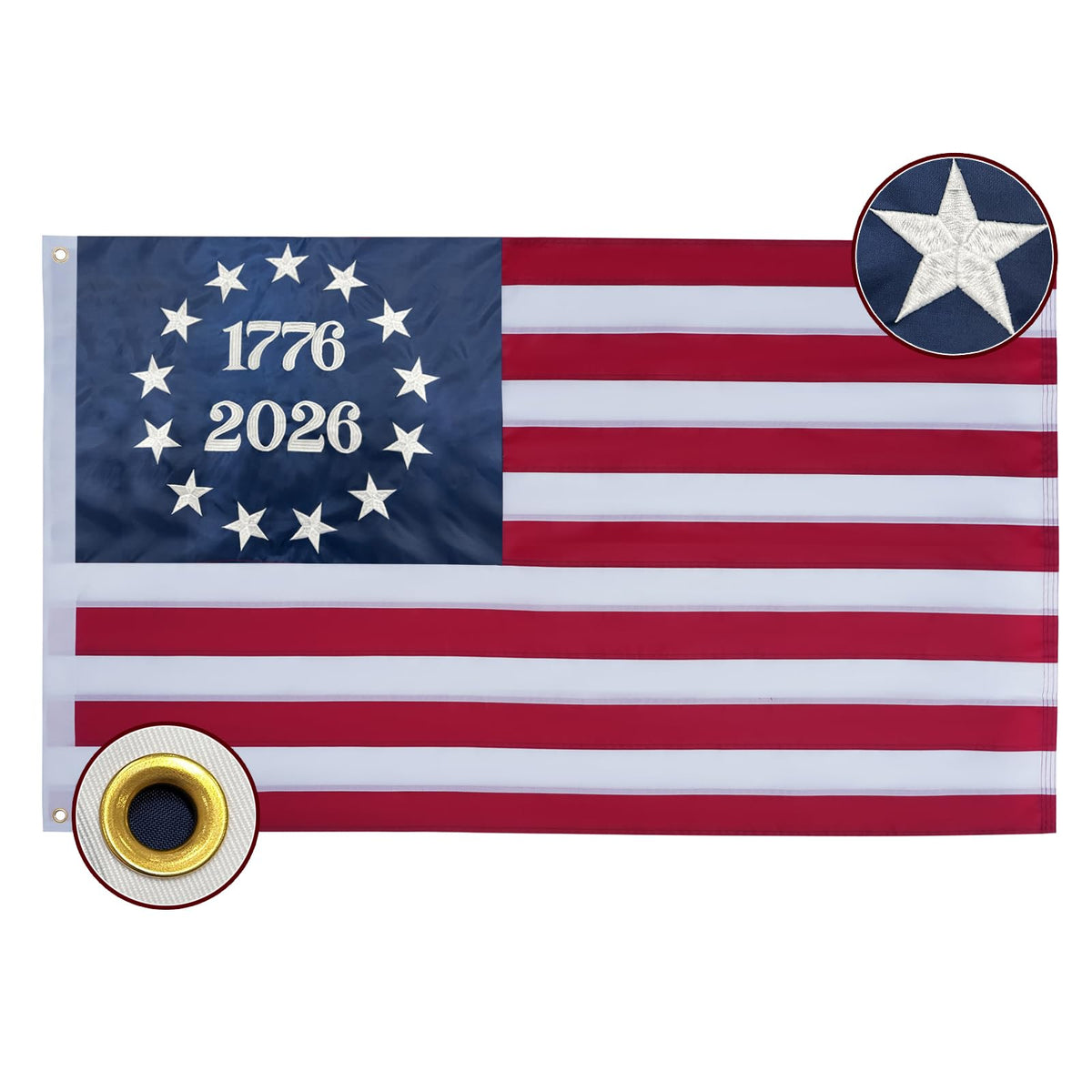 Bradford 1776 Bennington flag embroidered closeup showing durable outdoor design.
