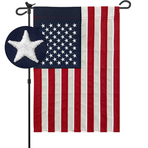 Bradford embroidered American garden flag 12x18 displayed outdoors with vivid color