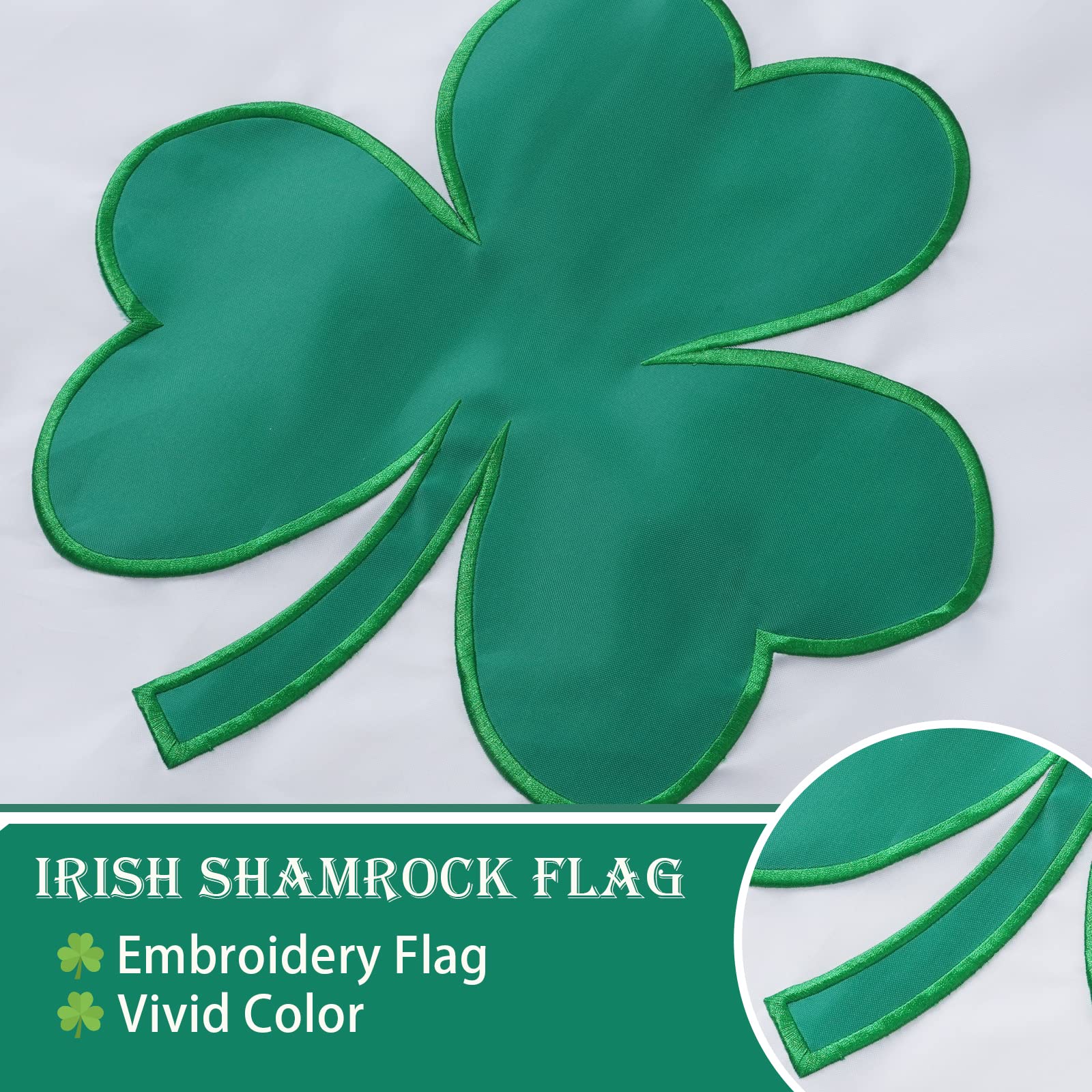 Bradford embroidered Irish flag closeup highlights durable stitching and vivid colors.