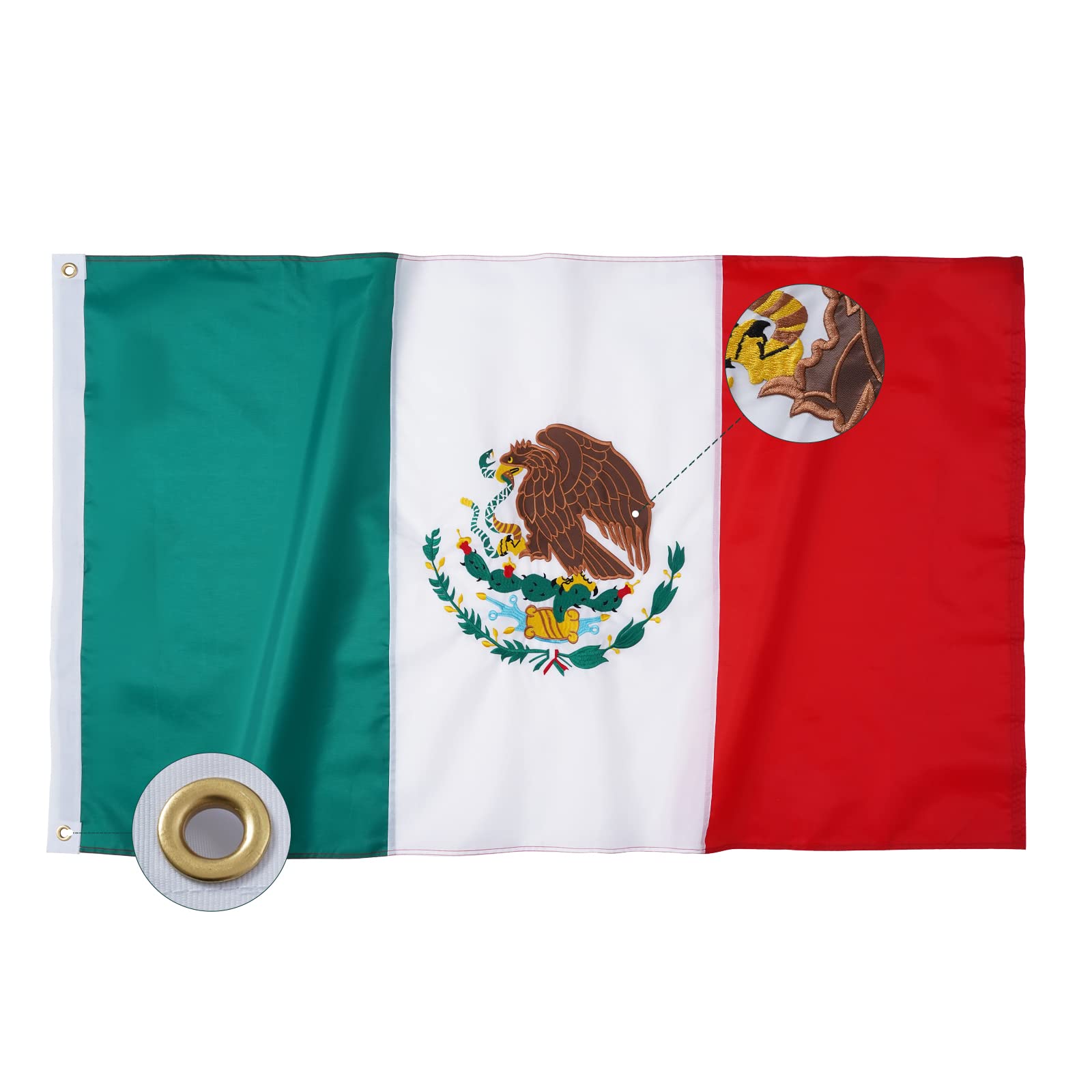 Bradford Mexican flag embroidery detail outdoors shows durable stitching.