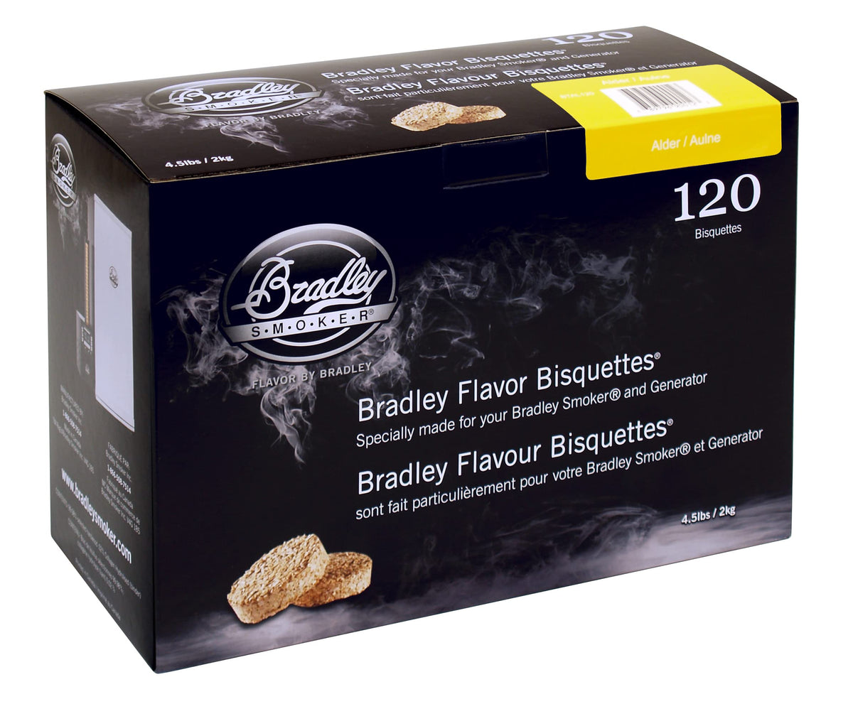 Bradley Smoker alder bisquettes pack 120 provides steady smoke for long cooks.
