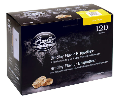 Bradley Smoker alder bisquettes pack 120 provides steady smoke for long cooks.