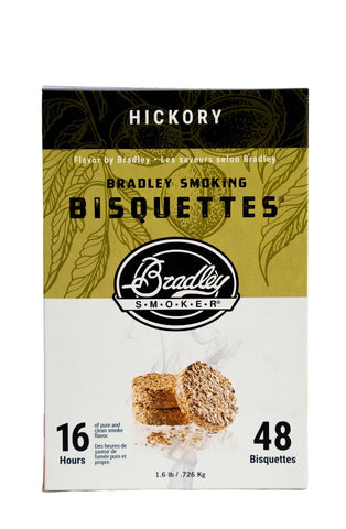 Bradley Smoker Hickory bisquettes box view for rich grilling flavor.