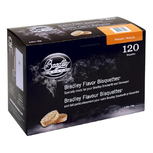 Bradley Smoker Mesquite Bisquettes label highlighting natural hardwood quality.