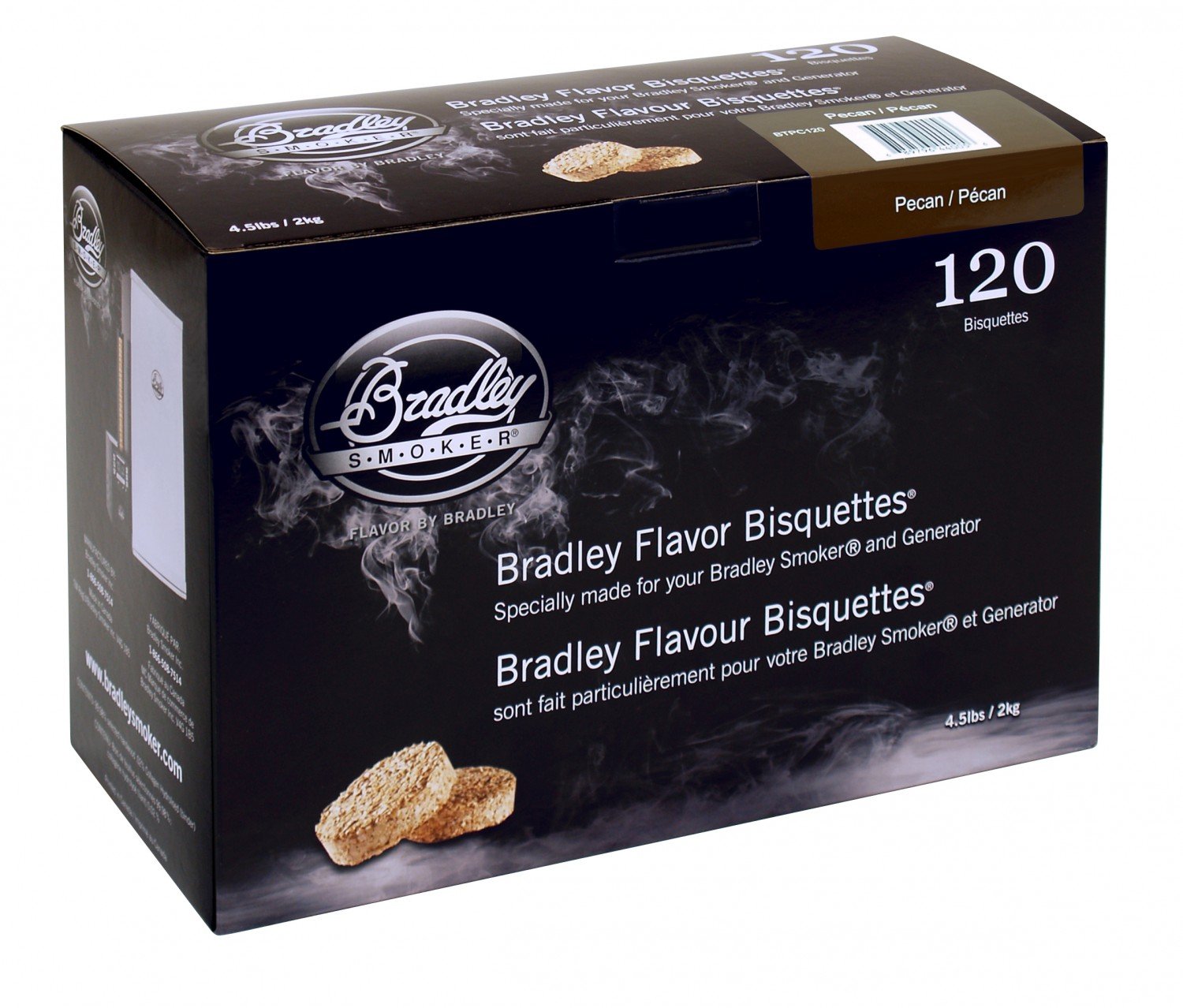 Bradley Smoker pecan bisquettes 120 pack delivering clean, steady smoke for authentic barbecue flavor