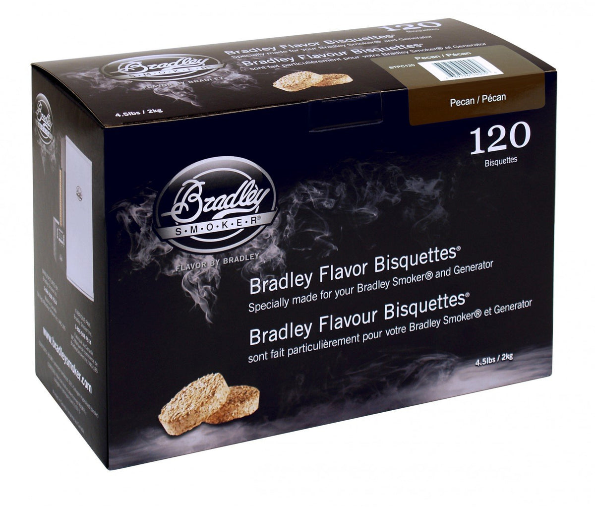 Bradley Smoker pecan bisquettes 120 pack delivering clean, steady smoke for authentic barbecue flavor