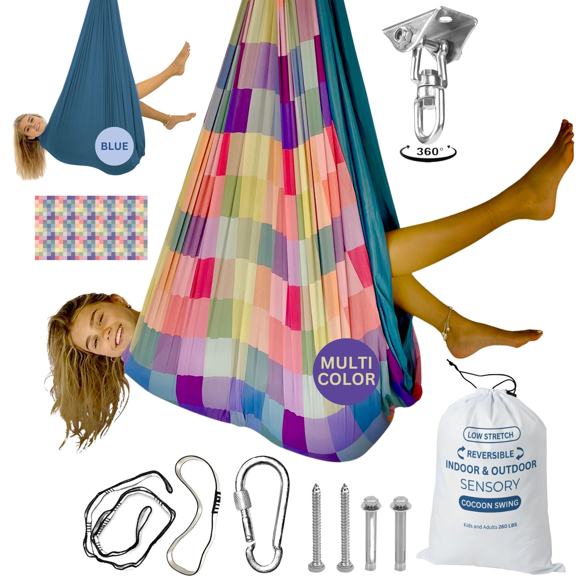 Bradoro double-layer sensory swing cocoon indoors for calming, deep pressure.