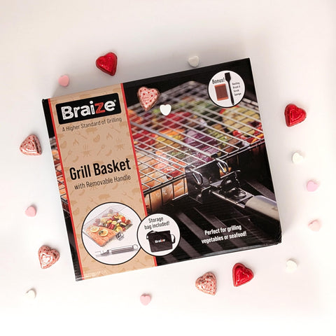 Braize grill basket with easy-open lid for quick access during cooking.