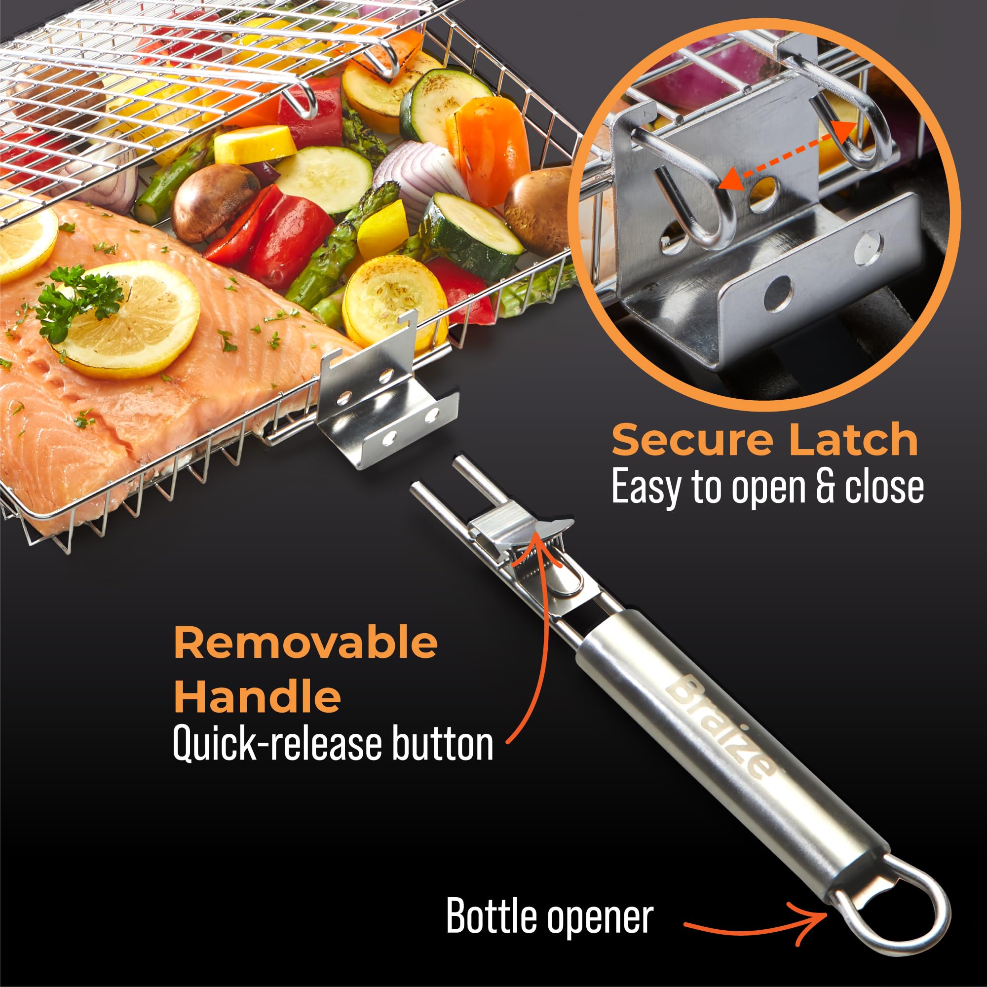Braize grill basket with locking lid keeps food secure for even flipping.