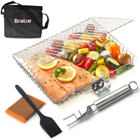 Braize stainless steel large grill basket with removable handle for controlled high-heat grilling.