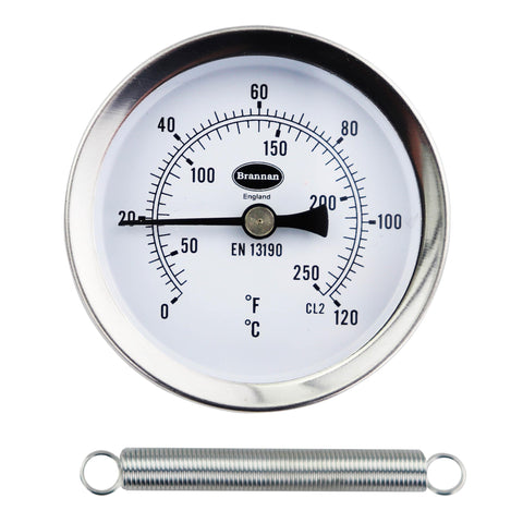 Brannan clip-on pipe thermometer dial face shows 0-120°C for quick pipe readings