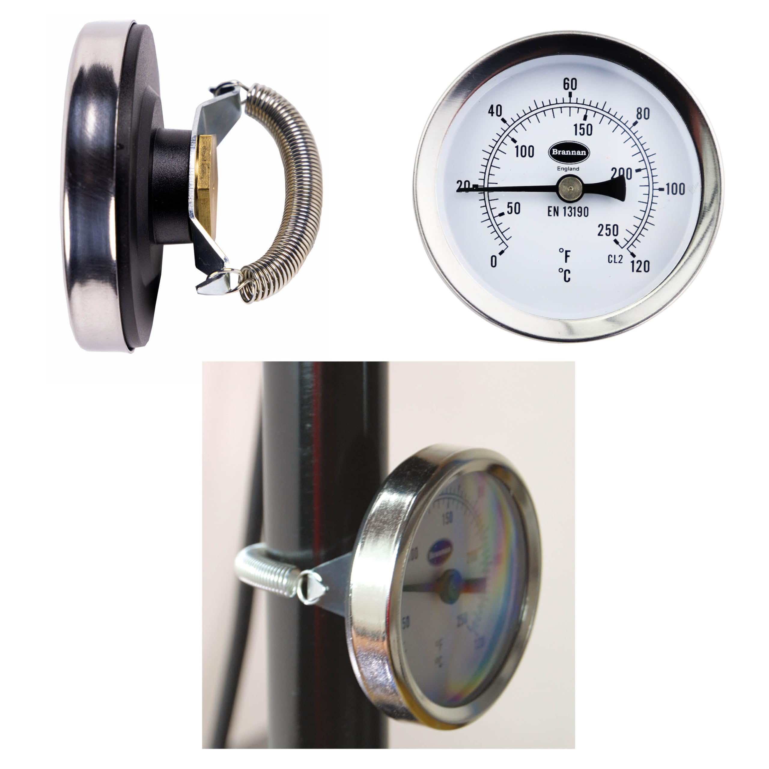 Brannan clip-on thermometer with spring attachment for easy mounting on 20-50 mm pipes