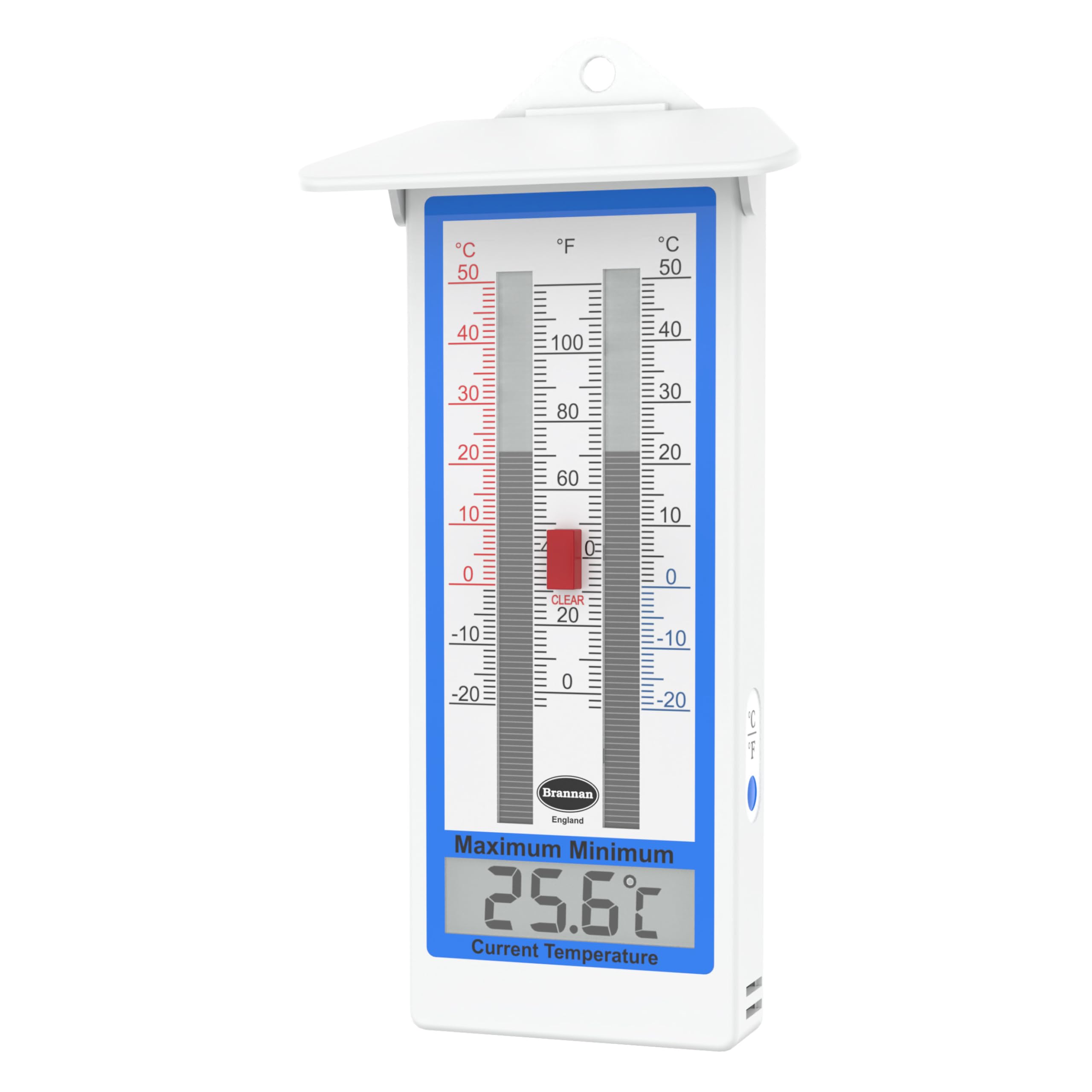 Brannan Digital Greenhouse Thermometer front view shows current and max/min readings for garden monitoring.