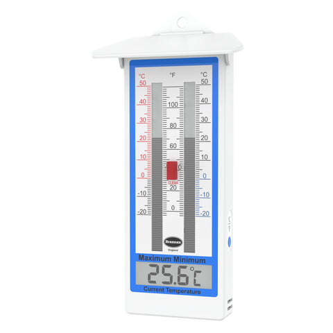 Brannan Digital Greenhouse Thermometer front view shows current and max/min readings for garden monitoring.