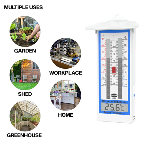 Brannan Digital Greenhouse Thermometer max/min readings illustrate temperature fluctuations over time.