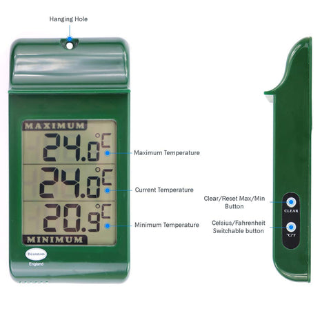 Brannan Digital Max Min Thermometer front display shows current, high, and low readings.