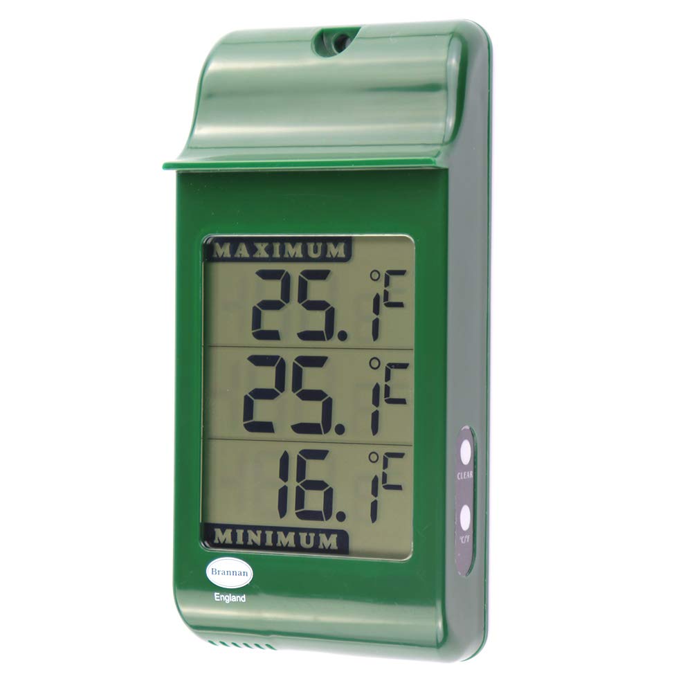 Brannan Digital Max Min Thermometer mounted on greenhouse wall tracks highs and lows.