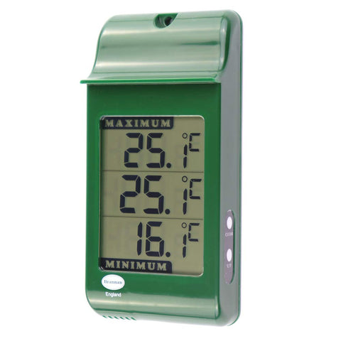 Brannan Digital Max Min Thermometer mounted on greenhouse wall tracks highs and lows.