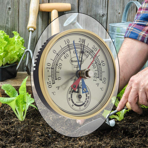Brannan hygrometer displays humidity level in a greenhouse for reliable climate awareness during growth