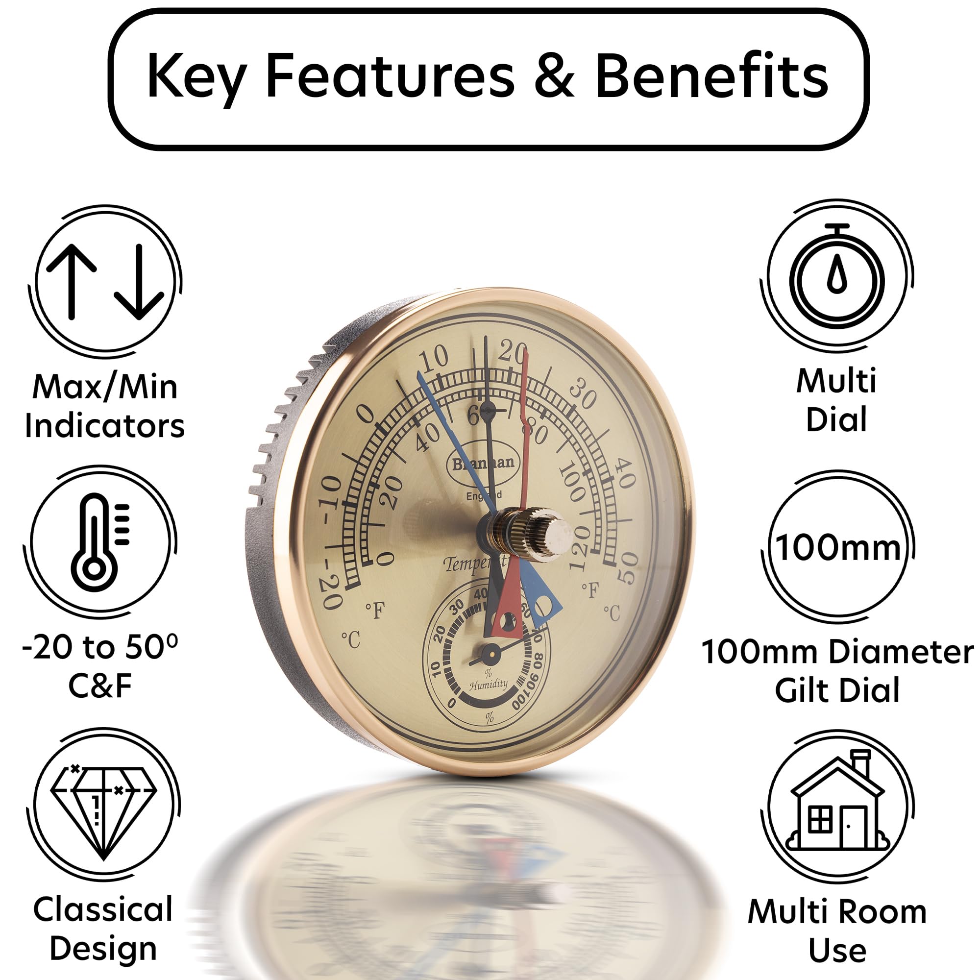 Brannan wall-mounted thermometer and hygrometer for easy monitoring of temperature and humidity
