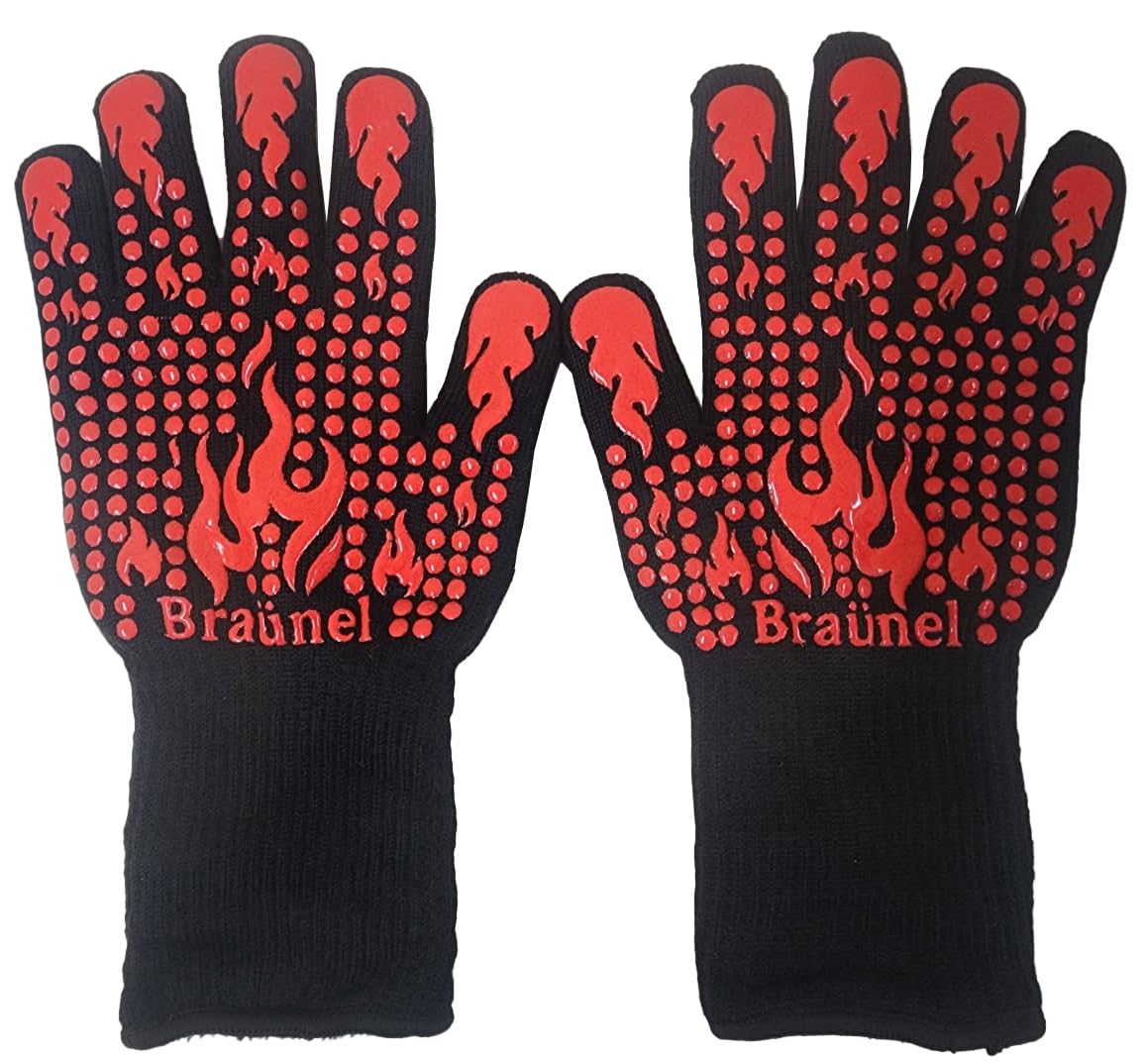 Braunel BBQ gloves with heat resistance up to 1472°F, ideal for grilling and handling hot cookware.