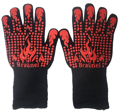 Braunel BBQ gloves with heat resistance up to 1472°F, ideal for grilling and handling hot cookware.