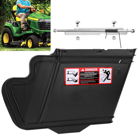 Braveboy deck discharge chute assembly installed on John Deere mower for debris control